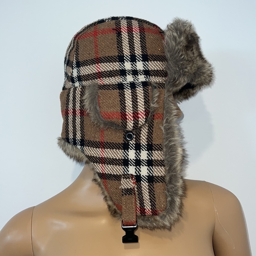 WOOL Plaid Faux Fur Lined Trapper Aviator Hat